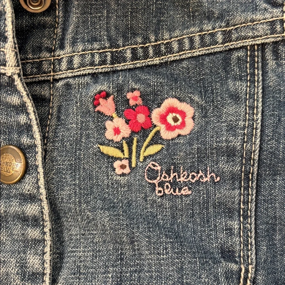 Oshkosh Girls Denim Jean Jacket Pink Floral Embroidery Button Front Girls Size 5